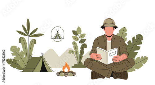 Adventurer Reading A Book Beside a Campsite, Enjoying The Peaceful Nature Setting