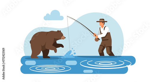 Angler Confronting Bear While Fishing in Stream, Depicting Unexpected Nature Interaction
