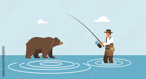 Angler's Encounter With a Curious Bear While Fishing in a Tranquil Waterscape Scene