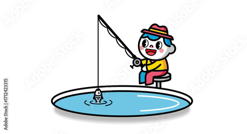 Charming Cartoon Fisherman A Whimsical Illustration of a Boy Enjoying a Day of Fishing