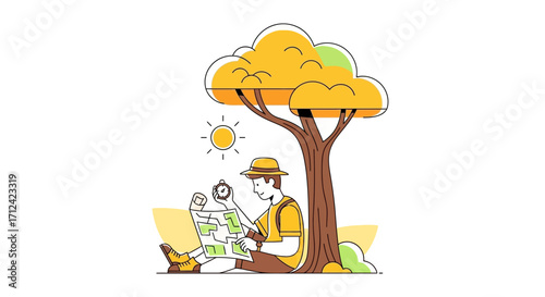 Adventurer Resting Under Tree Studying Map Planning Hike and Direction Finding Strategy