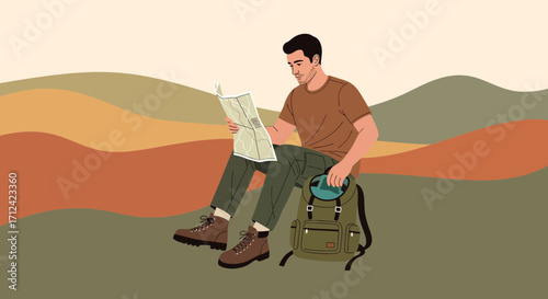 Adventurer Reviews Map While Resting, Exploring Wild Landscape With Hiking Essentials