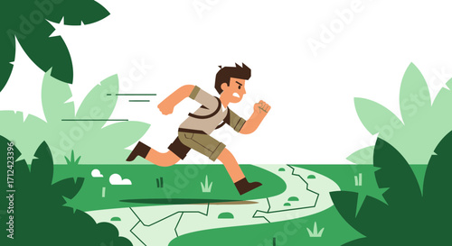 Adventurer Running Through Lush Jungle, Escaping Danger, Quick Movement and Forward Progress
