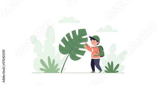 Animated Child Hikes Through The Environment, Discovering A Large Monstera Leaf