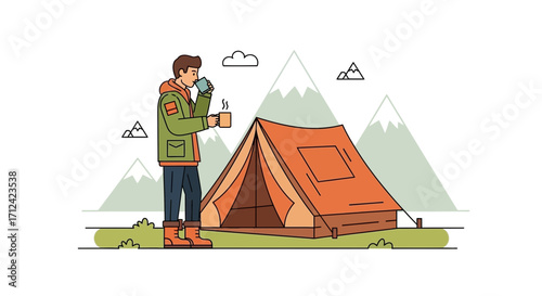 Adventurer Sipping Hot Beverage Near Camping Tent And Mountain Landscape Scene