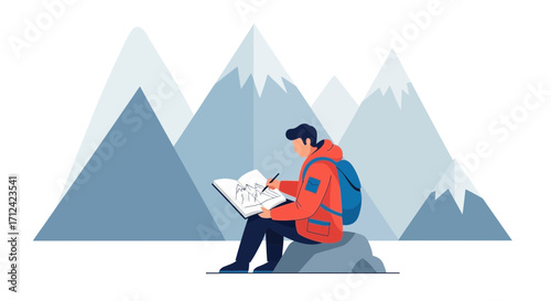 Adventurer Sketching Mountain Range, Capturing Wilderness and Outdoors Exploration Scene