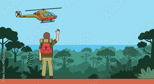 Adventurer Signaling Rescue Helicopter in Lush Wilderness Environment