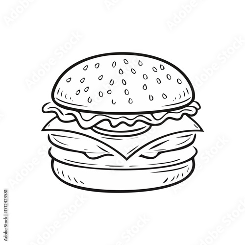 Flat design burger icon. Vector art, minimalist, clean lines, vibrant colors. A simple, appetizing cheeseburger illustration. Isolated object on a clean background.