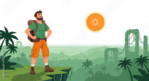 Adventurer Standing On Cliff Looking At Sunset Over Lush Tropical Landscape