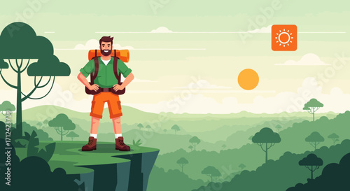 Adventurer Standing On Cliff, Enjoying Scenic View, Hiking In Wilderness Outdoors