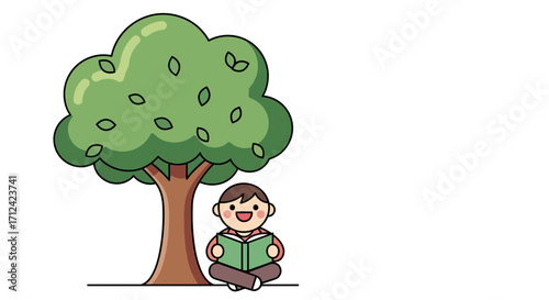 A cheerful young boy enjoys a sunny day by reading a book under the shade of a large, leafy green tree