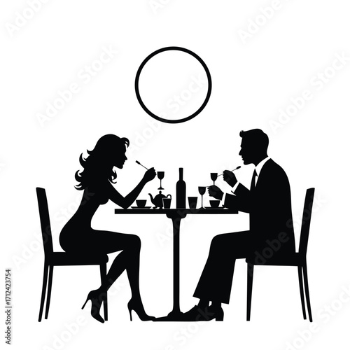 Couple dining at table with wine bottle and tea set