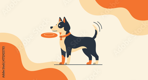 Animated Dog Playing Frisbee: Playful Canine Silhouette with Orange and Beige Background