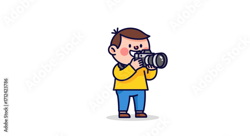 A cheerful young boy in a yellow shirt and blue pants, holding a professional camera and taking a photo, captured against a clean white background
