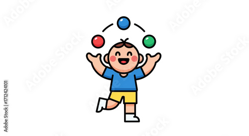 Adorable cartoon boy joyfully juggling three colorful balls. A cute and simple vector illustration of a child playing and showing off his skills