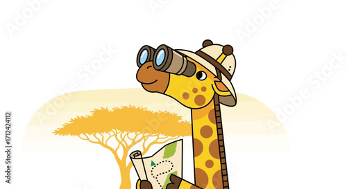 Animated Giraffe With Binoculars and Map: Wildlife Adventure and African Safari Exploration