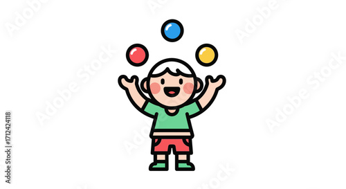 Illustration of a cheerful child juggling colorful balls, representing skill and entertainment