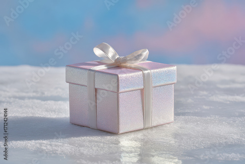 beautifully wrapped gift box radiating with holographic shimmer sits elegantly on pristine white ice surface