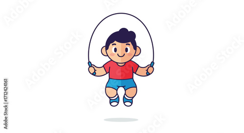 An energetic and cheerful young cartoon boy in mid-air, happily skipping rope, symbolizing an active and healthy childhood, ideal for themes of exercise, fitness, and playful learning
