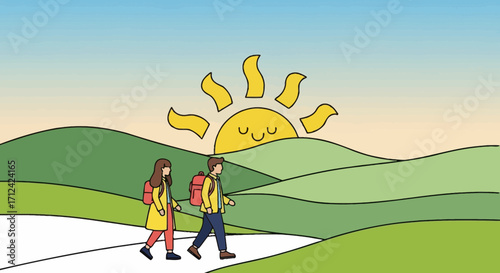Animated Hiking Couple Exploring Rolling Meadows By The Smiling Morning Sun