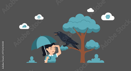 Animated Illustration Of A Rainy Day With A Crow, Girl, And An Umbrella