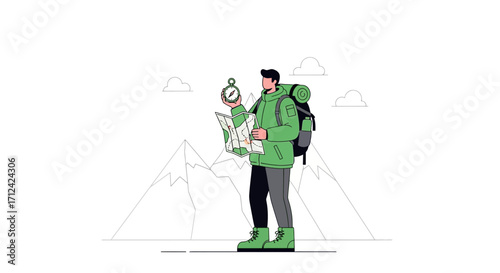 Adventurer With Compass and Map Exploring The Majestic Mountain Wilderness Concept Illustration