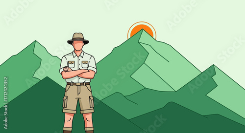 Adventurer With Hat Observing The Mountains and The Morning Sun in a Green Nature Landscape Display