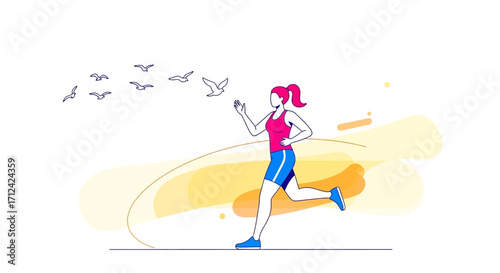 Animated Illustration Of An Athletic Woman Jogging Alongside Soaring Birds Towards Horizon