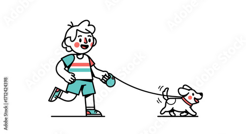 Cheerful young boy enjoying an energetic outdoor walk with his happy pet dog, both smiling as they stroll playfully on a leash in a vibrant illustration