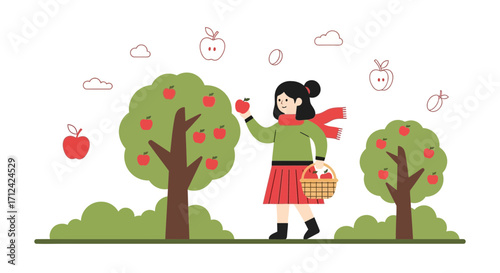 Animated Scene Of Apple Picker Person Harvesting From Fruit Trees In Orchard Setting