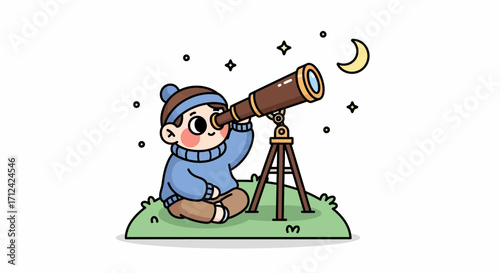 A young child gazes at the night sky through a telescope, observing the moon and stars with wonder and curiosity