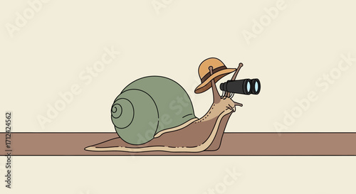 Animated Snail With Binoculars Exploring The World Illustrated On A Neutral Backdrop