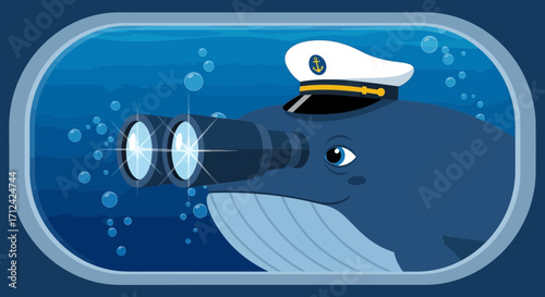 Animated Whale Adorned With Captain's Hat Gazes Through Binoculars Underwater