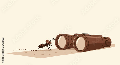 Ant With Binoculars: A Look Into The Distance, A Journey Of Curious Observation