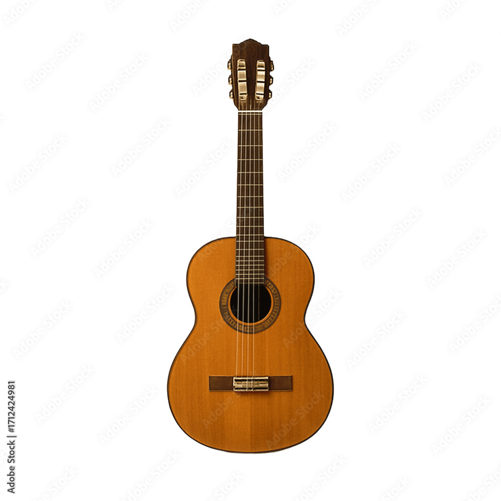 Obraz premium A wooden acoustic guitar with six strings is isolated on a white background