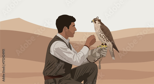 Arabian Falconer Demonstrating Bond With His Majestic Bird Of Prey In Desert