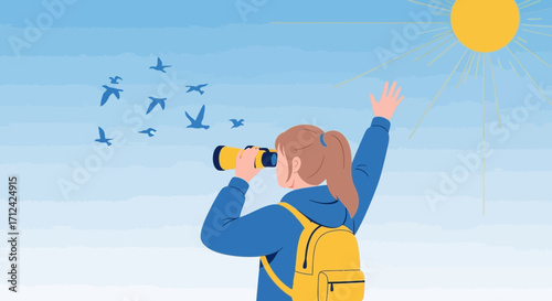 Appreciating Nature's Beauty: A Young woman and Birds in a Bright Sky