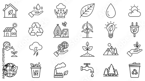 Eco-friendly sustainability icons symbolizing environmental conservation renewable energy and pollution reduction presenting nature with diverse elements like wind farm cloud and