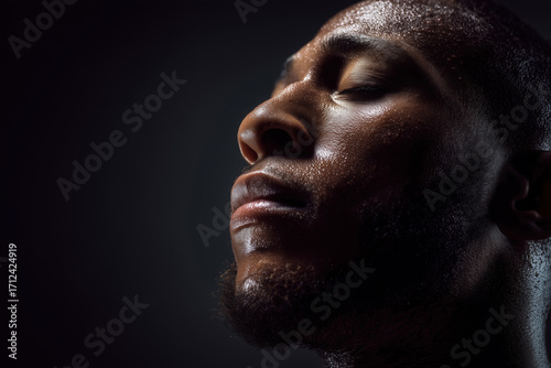 African American Man Profile Sweating Face Intense Fitness Workout Recovery Strength Determination Wellbeing