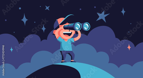 Adventurous Child Observing Stars in The Night: Exploring the Unknown World with Binoculars