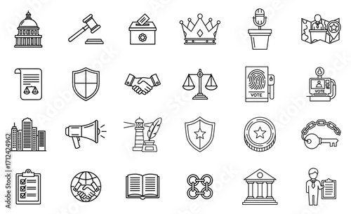 Collection of government justice and democracy icons representing political concepts like leadership election and regulation presenting authority law rights and security elements