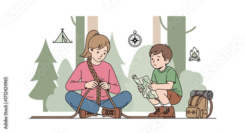 Adventurous Children Preparing Together for Camping in a Magical Forest Setting Adventure