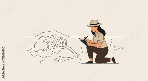 Archaeologist Studying Fossil Remains and Documenting Discoveries with Meticulous Attention To