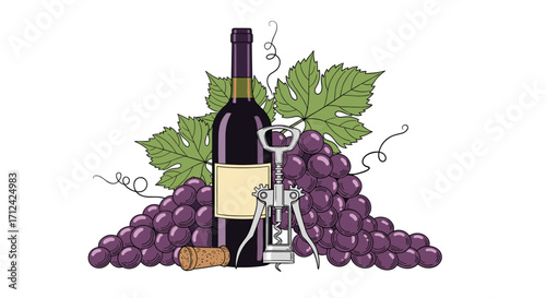 A bottle of red wine with grapes and a corkscrew awaits opening.