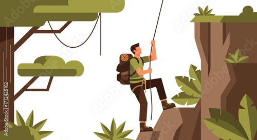 Adventurous Climber Ascending Steep Cliff Face Utilizing Climbing Rope For Success