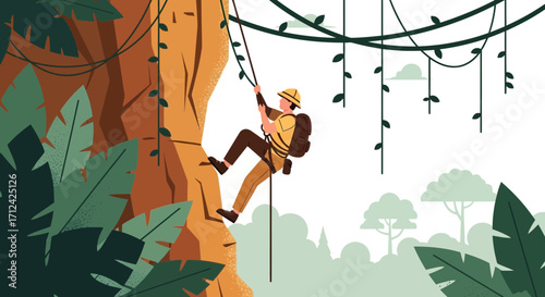 Adventurous Climber Ascending Steep Cliff Face, Facing Challenging Jungle Vegetation