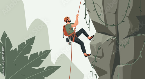 Adventurous Climber Ascending Rugged Mountain in Vibrant Illustration Style