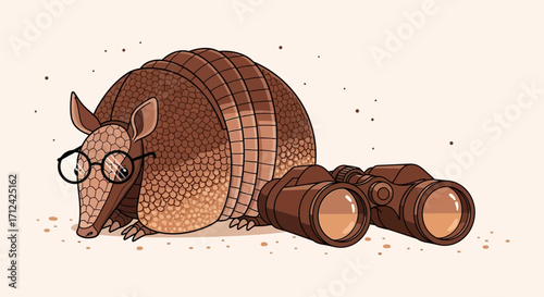 Armadillo Wearing Glasses Using Binoculars For Observation Amidst Sandy Surroundings