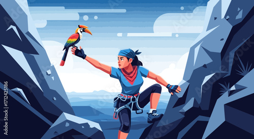 Adventurous Climber Reaching Peak with Toucan Bird Friend in Stunning Mountain Scenery
