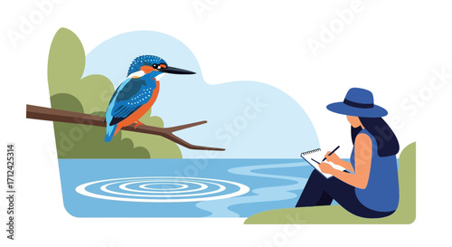 Artist Captures A Detailed Kingfisher Perched On A Branch, Near The Calm Water